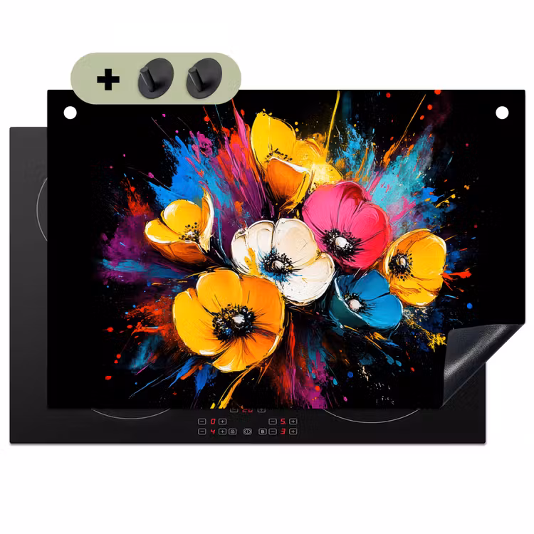Bloemen - Kleurrijk - Graffiti - Modern - Boeket Inductie beschemer met haakjes klein -3d