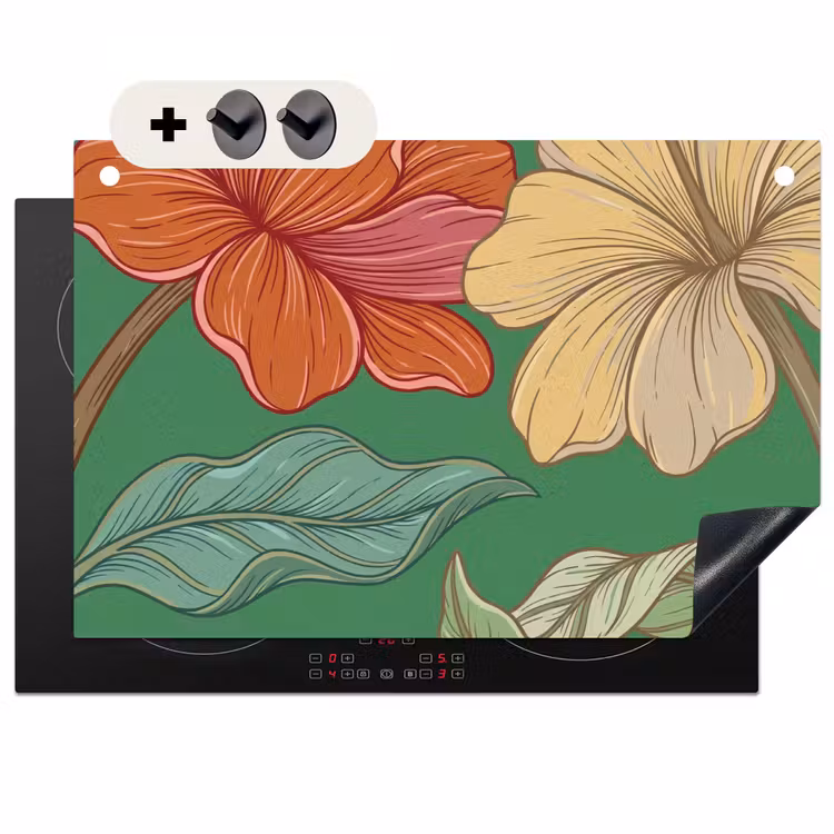 Induction Hob Cover & Splashback (2-in-1) - Flowers - Greenery - Illustration - Bloemen - Groen - Illustratie Inductie beschemer met haakjes klein
