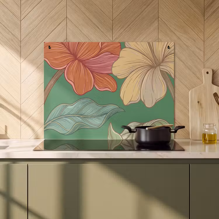 Induction Hob Cover & Splashback (2-in-1) - Flowers - Greenery - Illustration - Bloemen - Groen - Illustratie Inductie beschemer met haakjes klein
