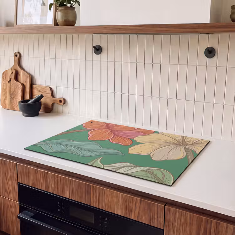 Induction Hob Cover & Splashback (2-in-1) - Flowers - Greenery - Illustration - Bloemen - Groen - Illustratie Inductie beschemer met haakjes klein