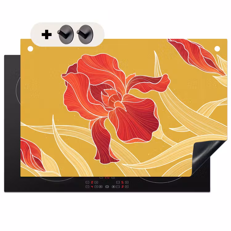 Induction Hob Cover & Splashback (2-in-1) - Flowers - Illustration - Red - Bloemen - Illustratie - Rood Inductie beschemer met haakjes klein