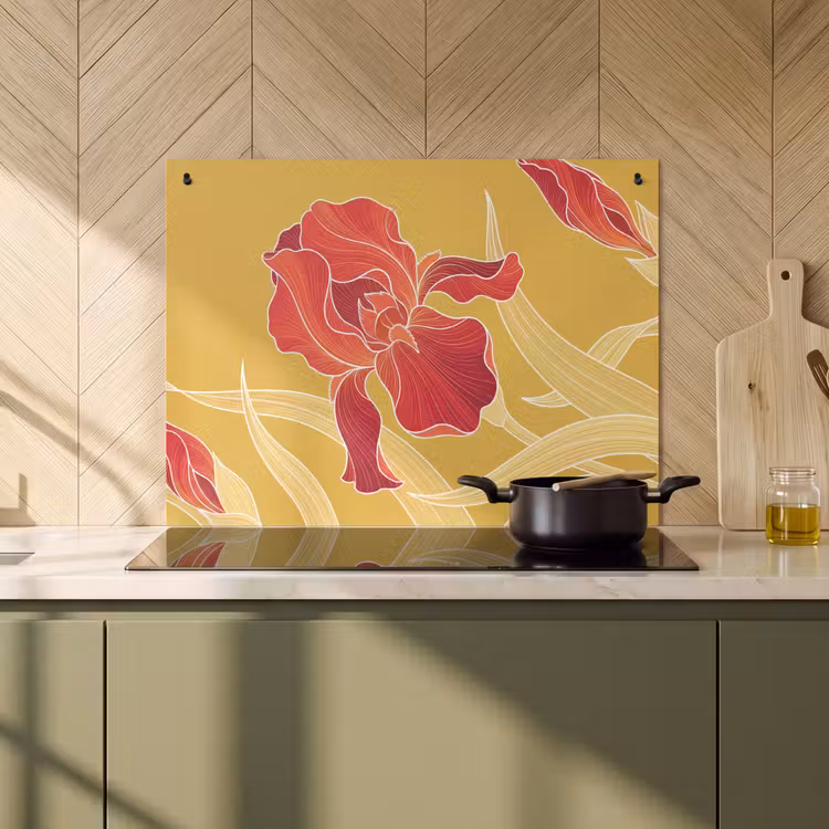 Induction Hob Cover & Splashback (2-in-1) - Flowers - Illustration - Red - Bloemen - Illustratie - Rood Inductie beschemer met haakjes klein
