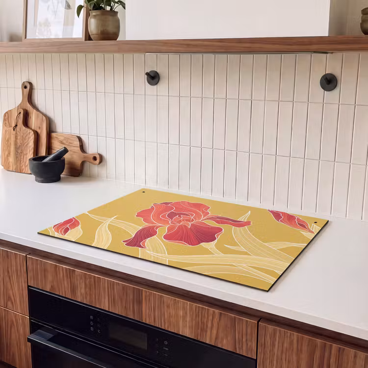 Induction Hob Cover & Splashback (2-in-1) - Flowers - Illustration - Red - Bloemen - Illustratie - Rood Inductie beschemer met haakjes klein