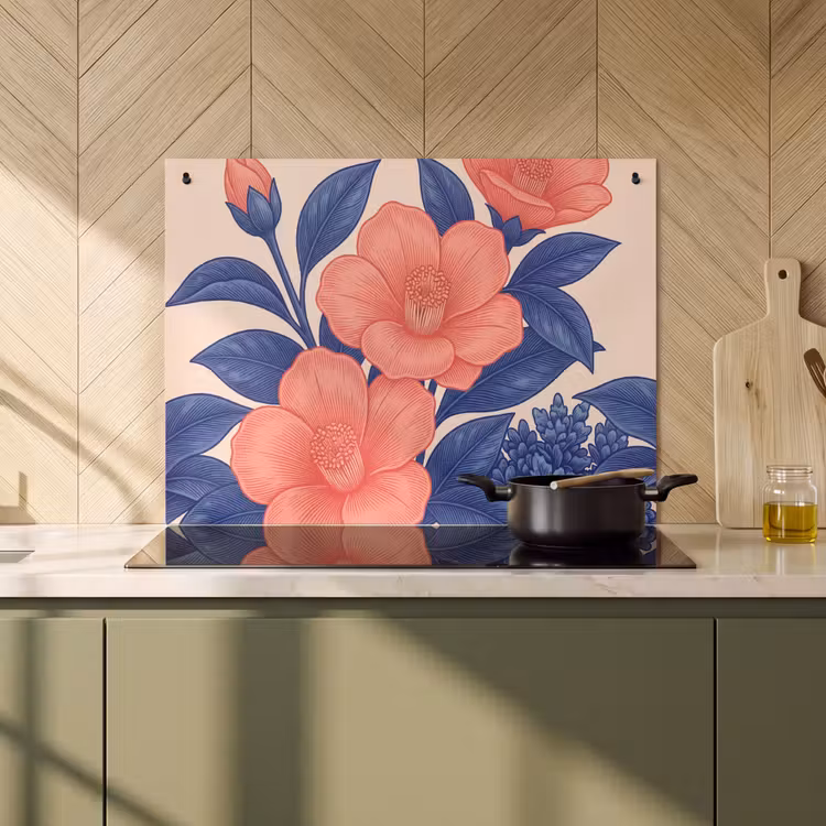 Induction Hob Cover & Splashback (2-in-1) - Flowers - Leaves - Botanical - Bloemen - Bladeren - Botanisch Inductie beschemer met haakjes klein