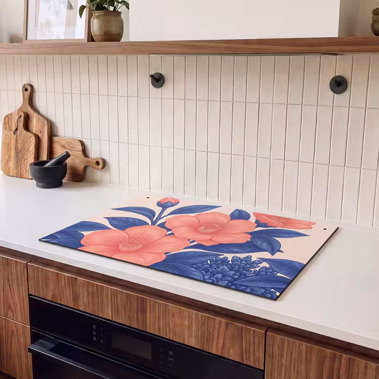 Induction Hob Cover & Splashback (2-in-1) - Flowers - Leaves - Botanical - Bloemen - Bladeren - Botanisch Inductie beschemer met haakjes klein