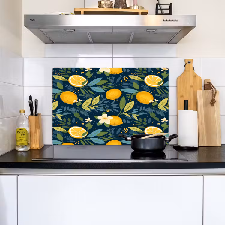 Bloemen - Bladeren - Citroenen - Blauw Inductie beschemer met haakjes klein 777 -sfeer2