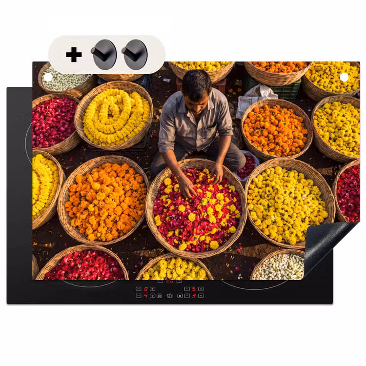 Induction Hob Cover & Splashback (2-in-1) - Flowers - Market - Colorful - Bloemen - Markt - Kleurrijk Inductie beschemer met haakjes klein