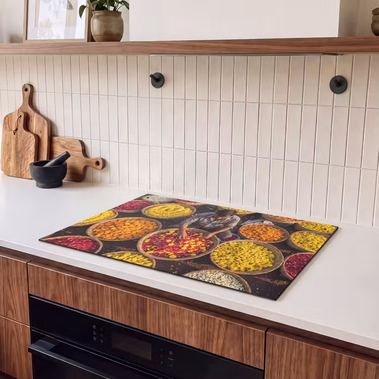 Induction Hob Cover & Splashback (2-in-1) - Flowers - Market - Colorful - Bloemen - Markt - Kleurrijk Inductie beschemer met haakjes klein
