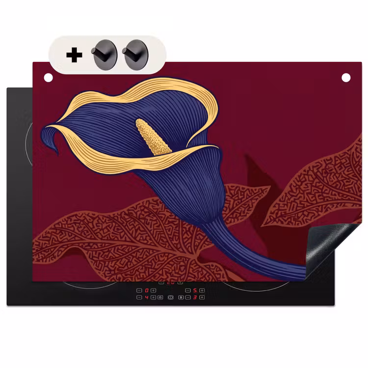 Induction Hob Cover & Splashback (2-in-1) - Flowers - Modern - Purple - Bloemen - Modern - Paars Inductie beschemer met haakjes klein