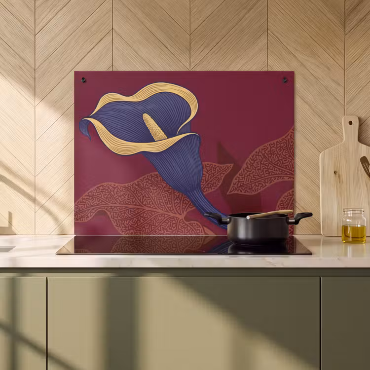 Induction Hob Cover & Splashback (2-in-1) - Flowers - Modern - Purple - Bloemen - Modern - Paars Inductie beschemer met haakjes klein