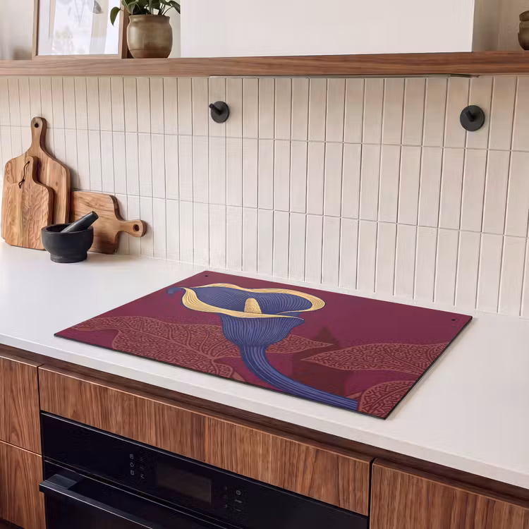 Induction Hob Cover & Splashback (2-in-1) - Flowers - Modern - Purple - Bloemen - Modern - Paars Inductie beschemer met haakjes klein