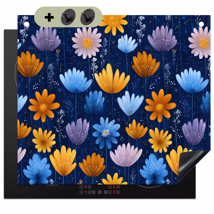 Bloemen - Patroon - Blauw - Contrast Inductie beschemer met haakjes middel -3d