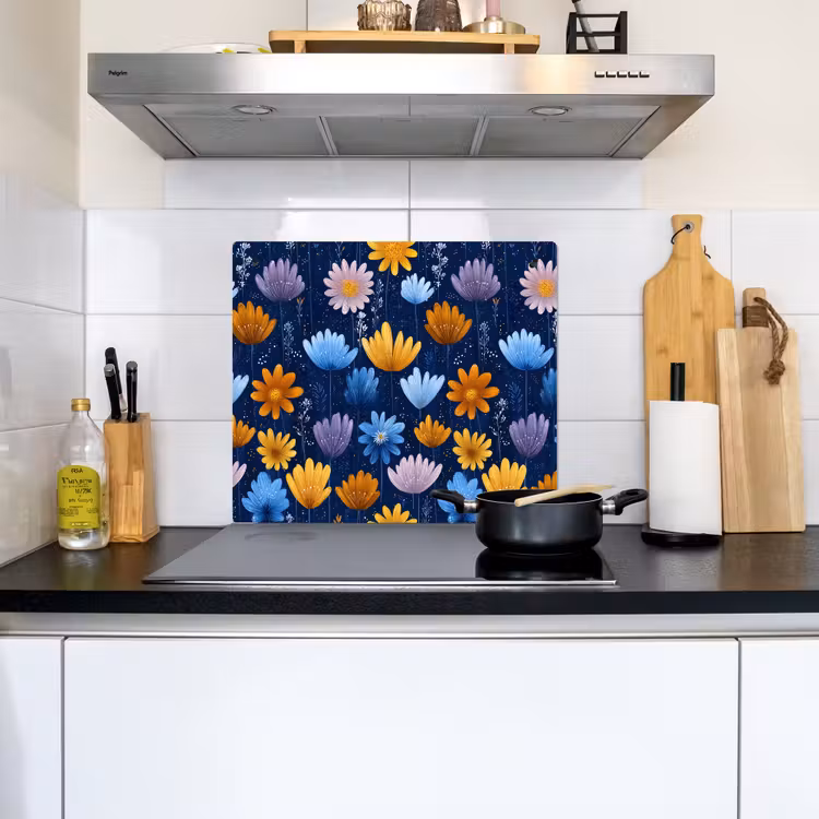 Bloemen - Patroon - Blauw - Contrast Inductie beschemer met haakjes middel -sfeer2