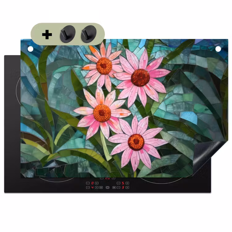 Bloemen - Roze - Glasmozaïek Inductie beschemer met haakjes klein -3d