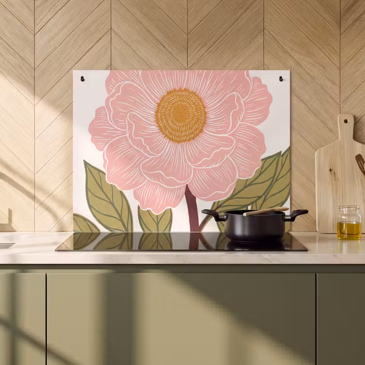 Induction Hob Cover & Splashback (2-in-1) - Flowers - Pink - Illustration - Bloemen - Roze - Illustratie Inductie beschemer met haakjes klein