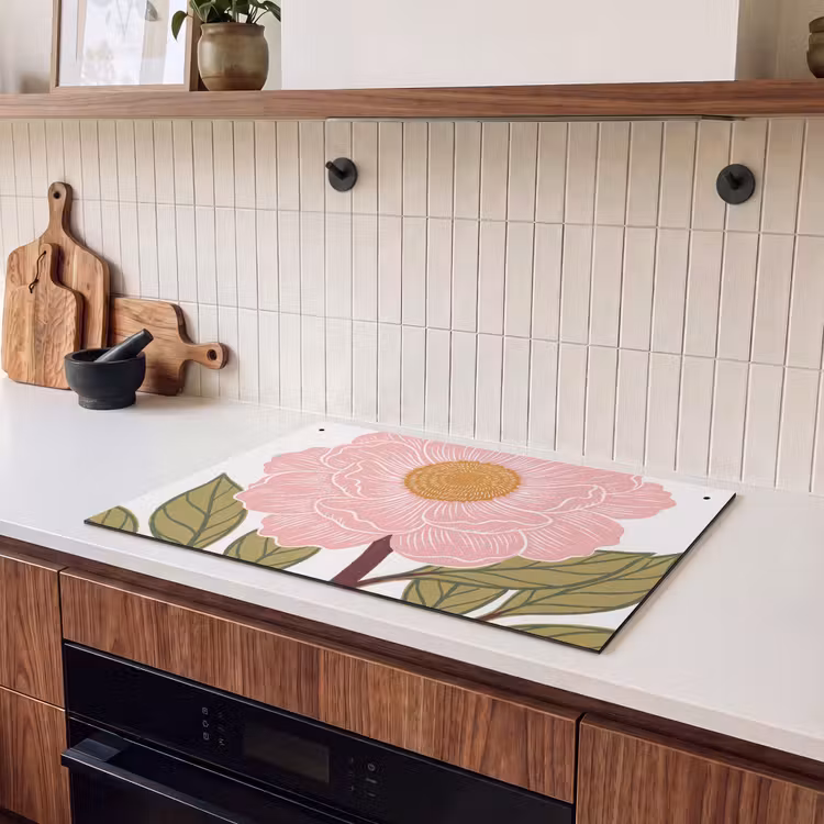Induction Hob Cover & Splashback (2-in-1) - Flowers - Pink - Illustration - Bloemen - Roze - Illustratie Inductie beschemer met haakjes klein