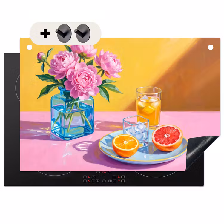 Induction Hob Cover & Splashback (2-in-1) - Flowers - Pink - Modern - Bloemen - Roze - Modern Inductie beschemer met haakjes klein