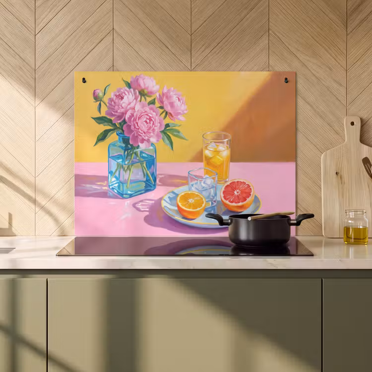 Induction Hob Cover & Splashback (2-in-1) - Flowers - Pink - Modern - Bloemen - Roze - Modern Inductie beschemer met haakjes klein