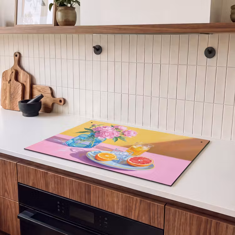 Induction Hob Cover & Splashback (2-in-1) - Flowers - Pink - Modern - Bloemen - Roze - Modern Inductie beschemer met haakjes klein