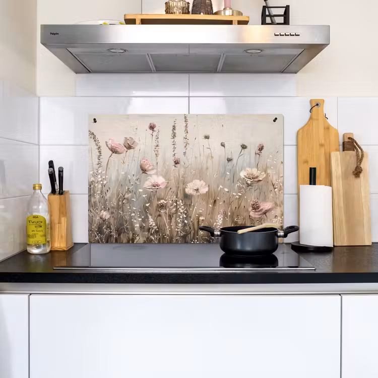 Bloemen - Roze - Modern - Beige Inductie beschemer met haakjes klein -sfeer2