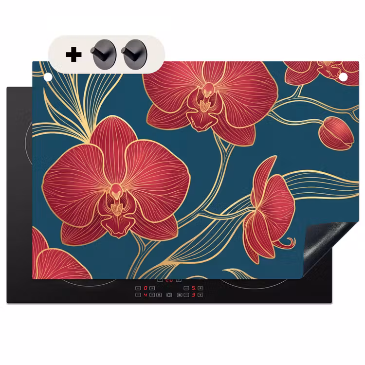 Induction Hob Cover & Splashback (2-in-1) - Flowers - Red - Gold - Bloemen - Rood - Goud Inductie beschemer met haakjes klein