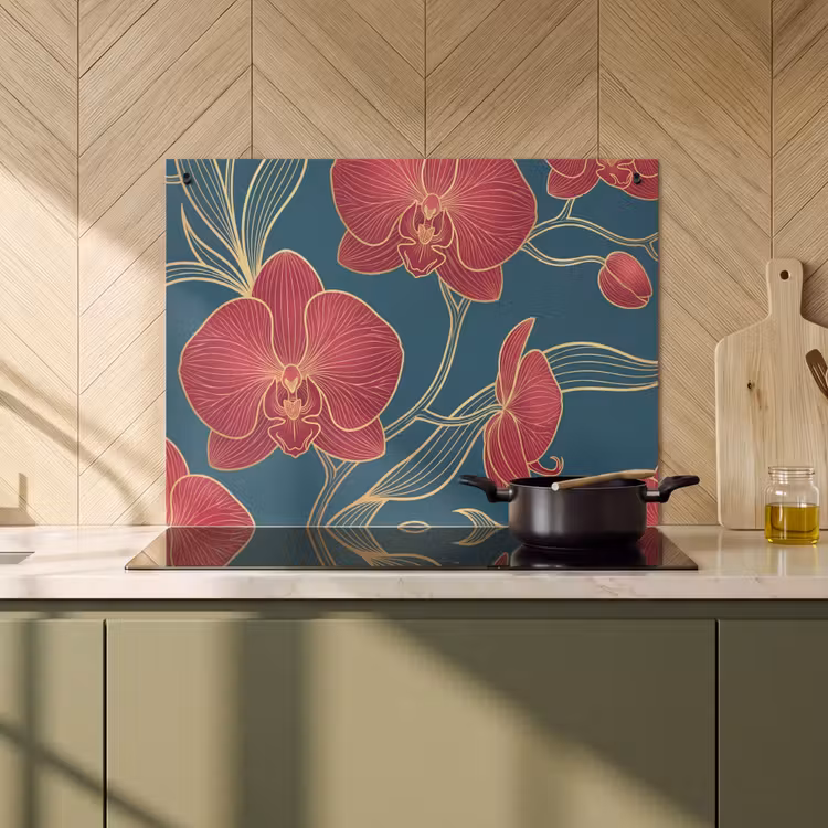 Induction Hob Cover & Splashback (2-in-1) - Flowers - Red - Gold - Bloemen - Rood - Goud Inductie beschemer met haakjes klein