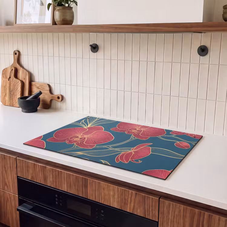 Induction Hob Cover & Splashback (2-in-1) - Flowers - Red - Gold - Bloemen - Rood - Goud Inductie beschemer met haakjes klein