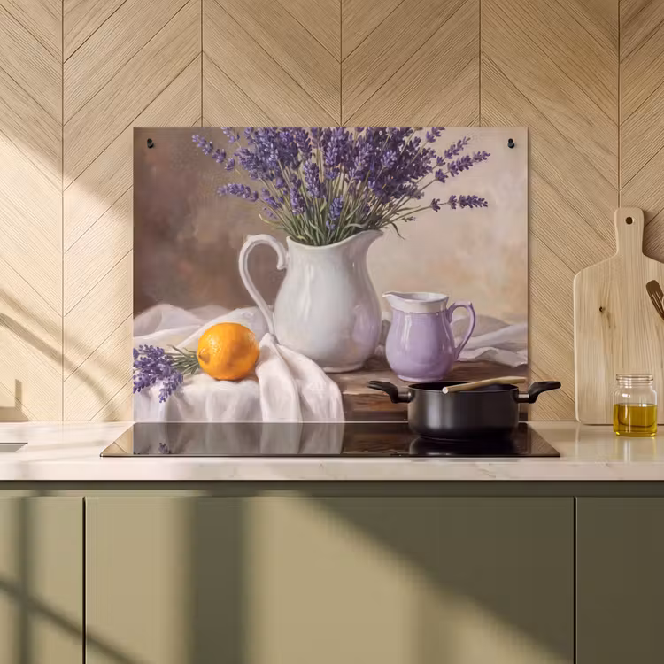 Induction Hob Cover & Splashback (2-in-1) - Flowers - Still Life - Purple - Bloemen - Stilleven - Paars Inductie beschemer met haakjes klein