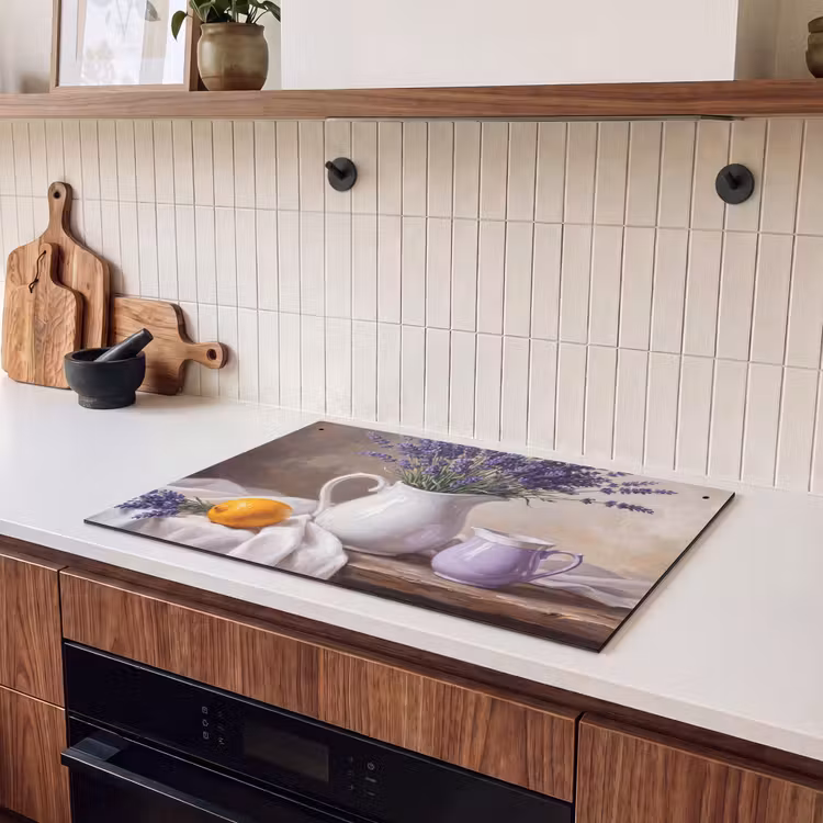 Induction Hob Cover & Splashback (2-in-1) - Flowers - Still Life - Purple - Bloemen - Stilleven - Paars Inductie beschemer met haakjes klein