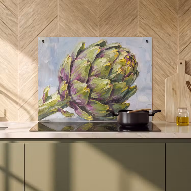 Induction Hob Cover & Splashback (2-in-1) - Food - Artichoke - Modern - Eten - Artisjok - Modern Inductie beschemer met haakjes klein