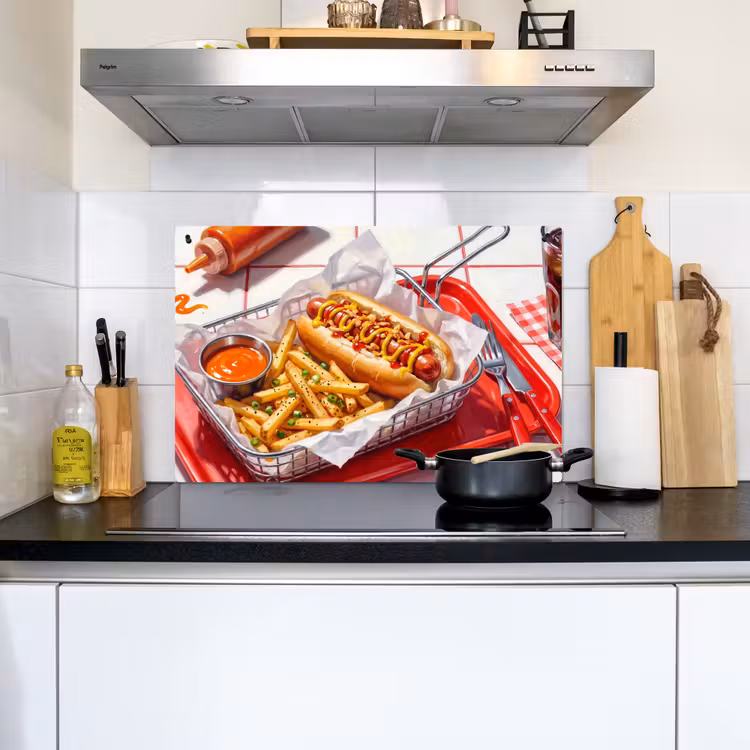 Eten - Hotdog - Fastfood - Modern - Rood Inductie beschemer met haakjes klein -sfeer2