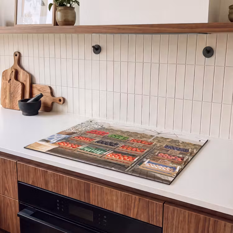 Induction Hob Cover & Splashback (2-in-1) - Food - Market - Fresh - Eten - Markt - Vers Inductie beschemer met haakjes klein