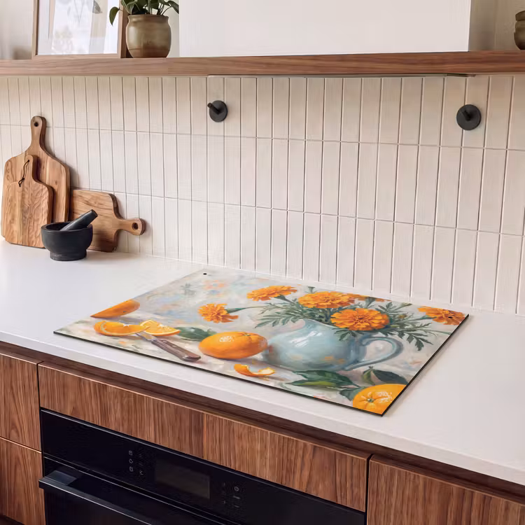Induction Hob Cover & Splashback (2-in-1) - Food - Orange - Art - Eten - Oranje - Kunst Inductie beschemer met haakjes klein