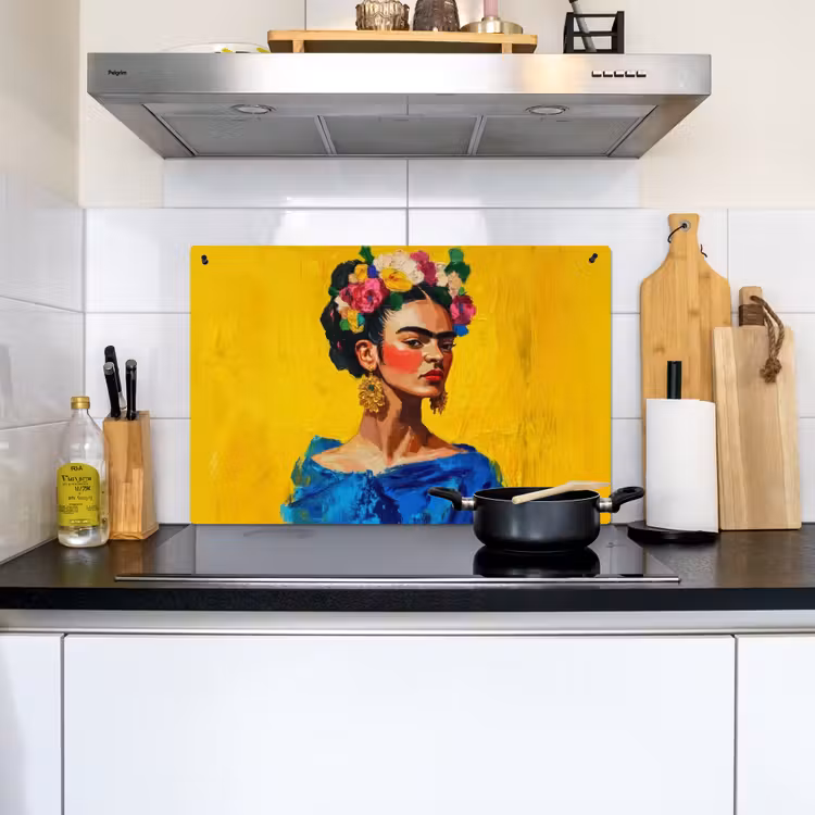 Frida Kahlo - Vrouw - Geel - Blauw - Bloemen Inductie beschemer met haakjes klein -sfeer2