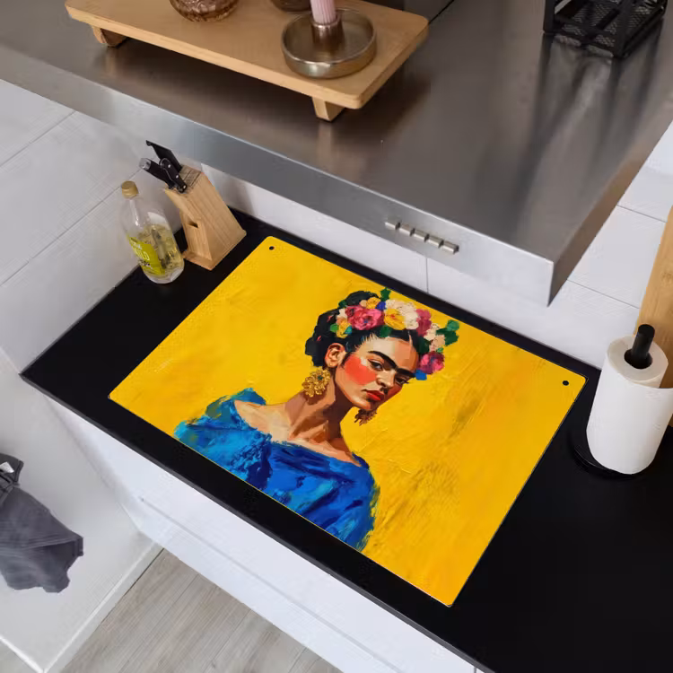 Frida Kahlo - Vrouw - Geel - Blauw - Bloemen Inductie beschemer met haakjes klein -sfeer1