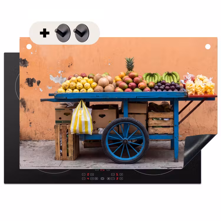 Induction Hob Cover & Splashback (2-in-1) - Fruit - Cart - Street - Fruit - Kar - Straat Inductie beschemer met haakjes klein