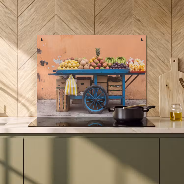 Induction Hob Cover & Splashback (2-in-1) - Fruit - Cart - Street - Fruit - Kar - Straat Inductie beschemer met haakjes klein