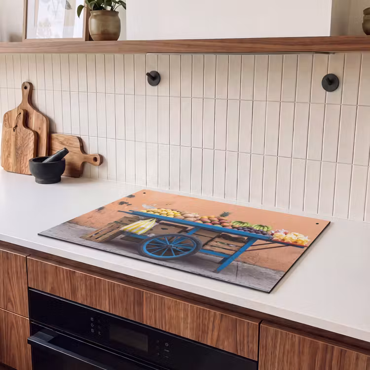 Induction Hob Cover & Splashback (2-in-1) - Fruit - Cart - Street - Fruit - Kar - Straat Inductie beschemer met haakjes klein