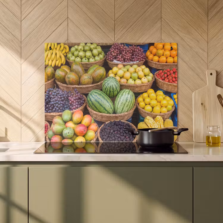 Induction Hob Cover & Splashback (2-in-1) - Fruit - Market - Colorful - Fruit - Markt - Kleurrijk Inductie beschemer met haakjes klein