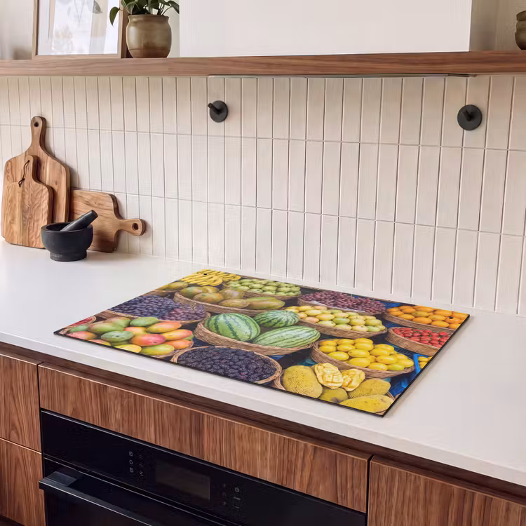 Induction Hob Cover & Splashback (2-in-1) - Fruit - Market - Colorful - Fruit - Markt - Kleurrijk Inductie beschemer met haakjes klein