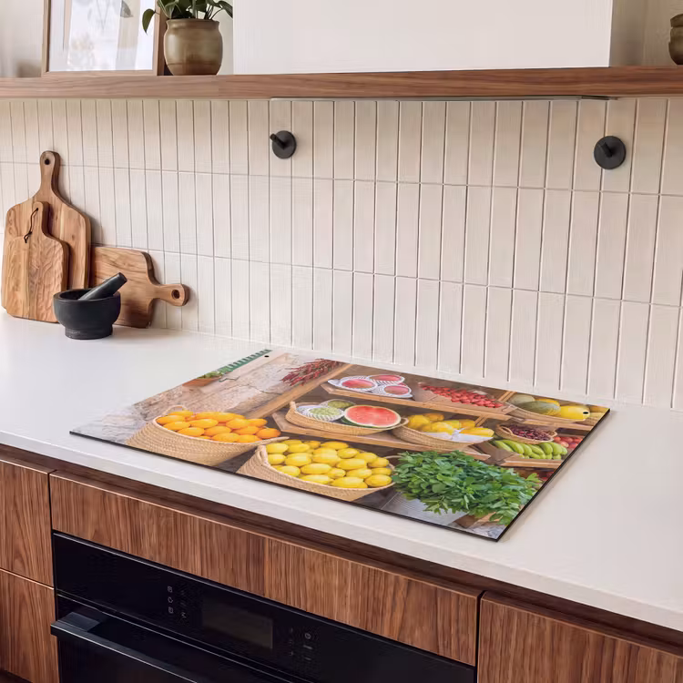 Induction Hob Cover & Splashback (2-in-1) - Fruit - Market - Fresh - Fruit - Markt - Vers Inductie beschemer met haakjes klein