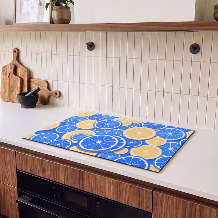 Fruit - Schijven - Patroon - Modern - Blauw - Geel Inductie beschemer met haakjes klein -sfeer1