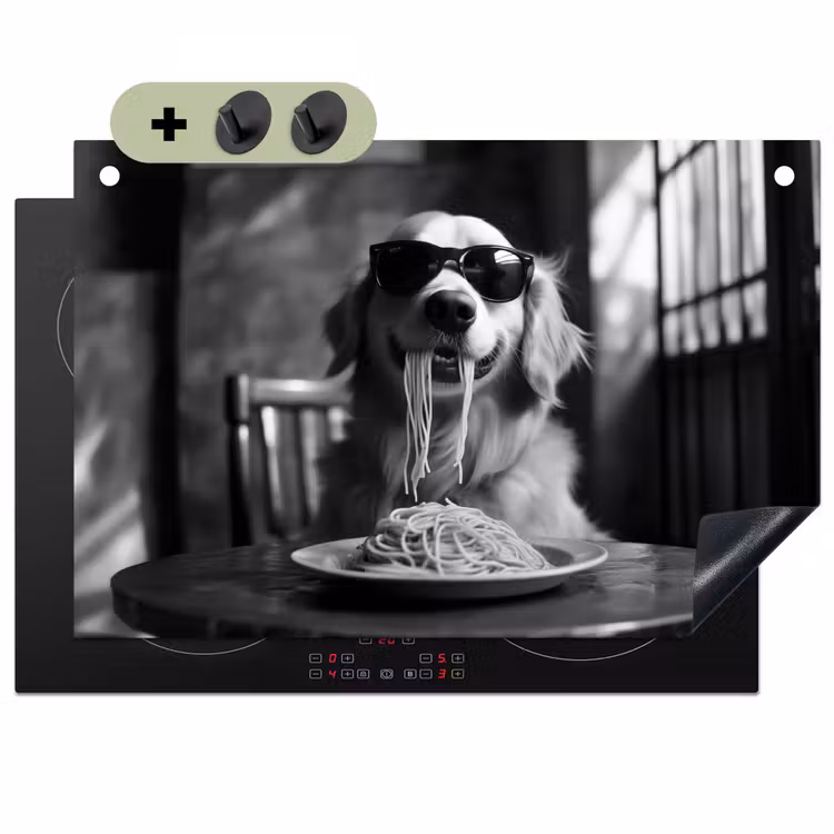 Golden Retriever - Hond - Vrolijk - Bord spaghetti - Zwart - wit Inductie beschemer met haakjes klein -3d