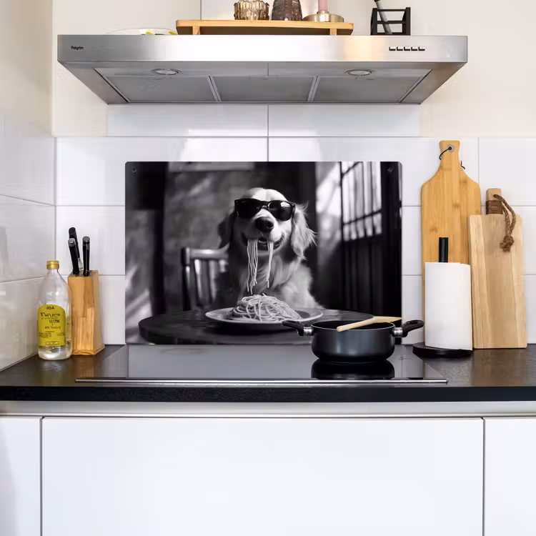 Golden Retriever - Hond - Vrolijk - Bord spaghetti - Zwart - wit Inductie beschemer met haakjes klein -sfeer2