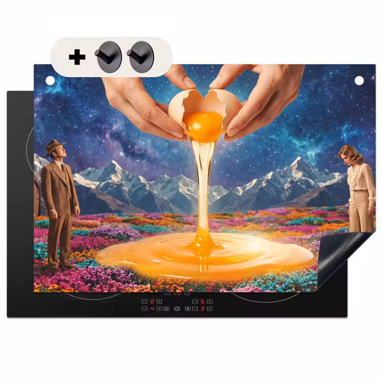 Induction Hob Cover & Splashback (2-in-1) - Hands - Egg - Surrealism - Handen - Ei - Surrealisme Inductie beschemer met haakjes klein