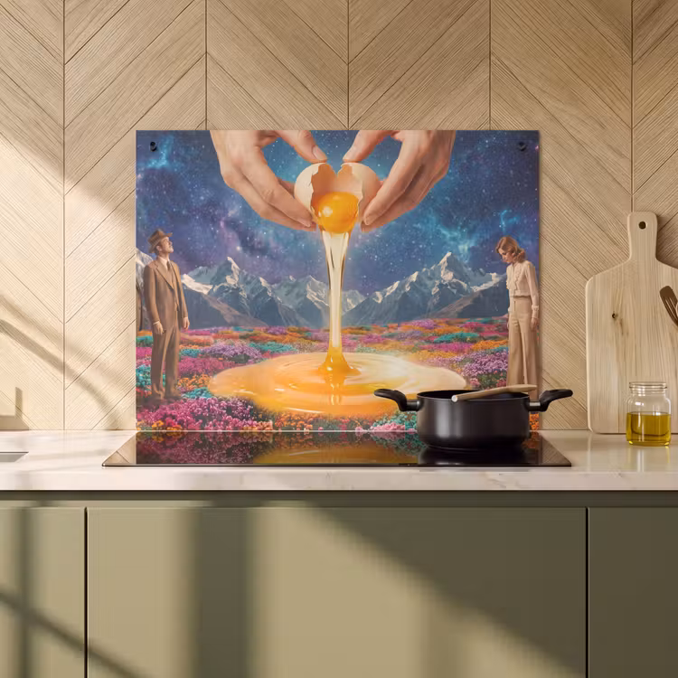 Induction Hob Cover & Splashback (2-in-1) - Hands - Egg - Surrealism - Handen - Ei - Surrealisme Inductie beschemer met haakjes klein