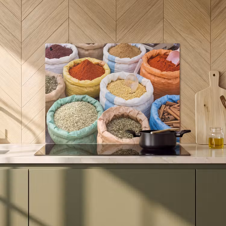 Induction Hob Cover & Splashback (2-in-1) - Herbs - Bags - Market - Kruiden - Zakken - Markt Inductie beschemer met haakjes klein