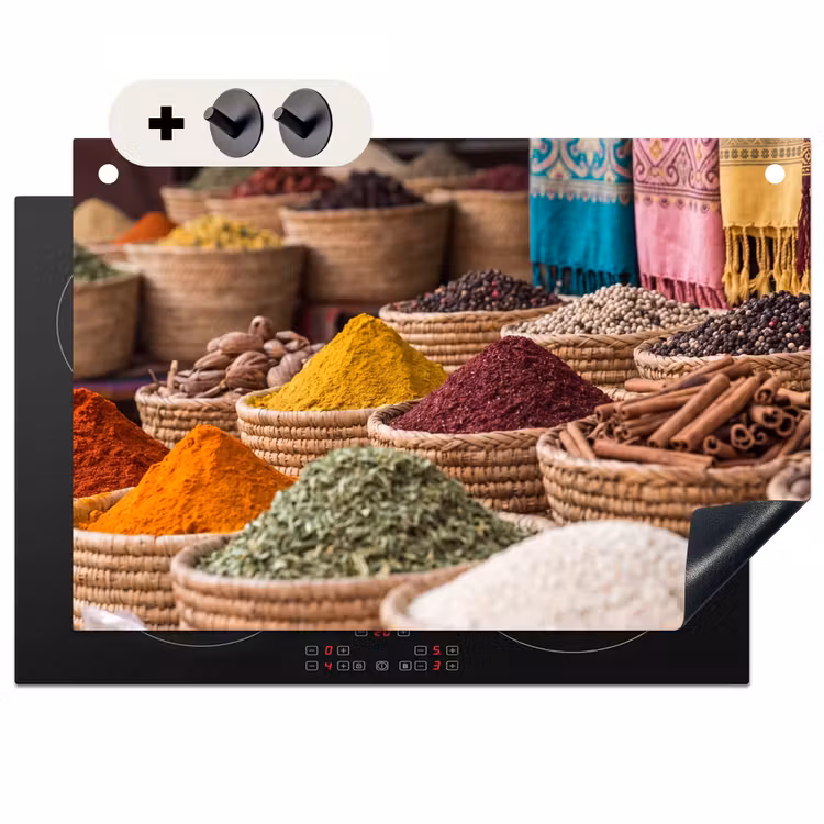 Induction Hob Cover & Splashback (2-in-1) - Herbs - Baskets - Oriental - Kruiden - Manden - Oosters Inductie beschemer met haakjes klein