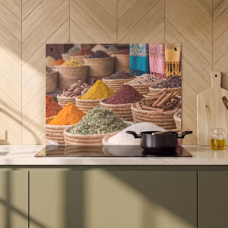 Induction Hob Cover & Splashback (2-in-1) - Herbs - Baskets - Oriental - Kruiden - Manden - Oosters Inductie beschemer met haakjes klein