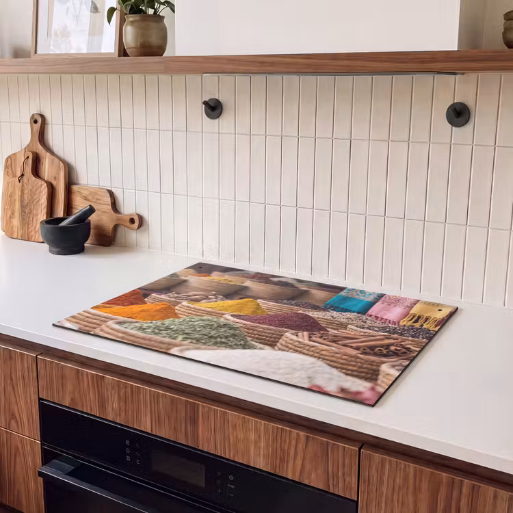 Induction Hob Cover & Splashback (2-in-1) - Herbs - Baskets - Oriental - Kruiden - Manden - Oosters Inductie beschemer met haakjes klein